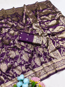 Royal Purple Premium Luxury Silk Saree with Heavy Gold Zari Paisley & Floral Border