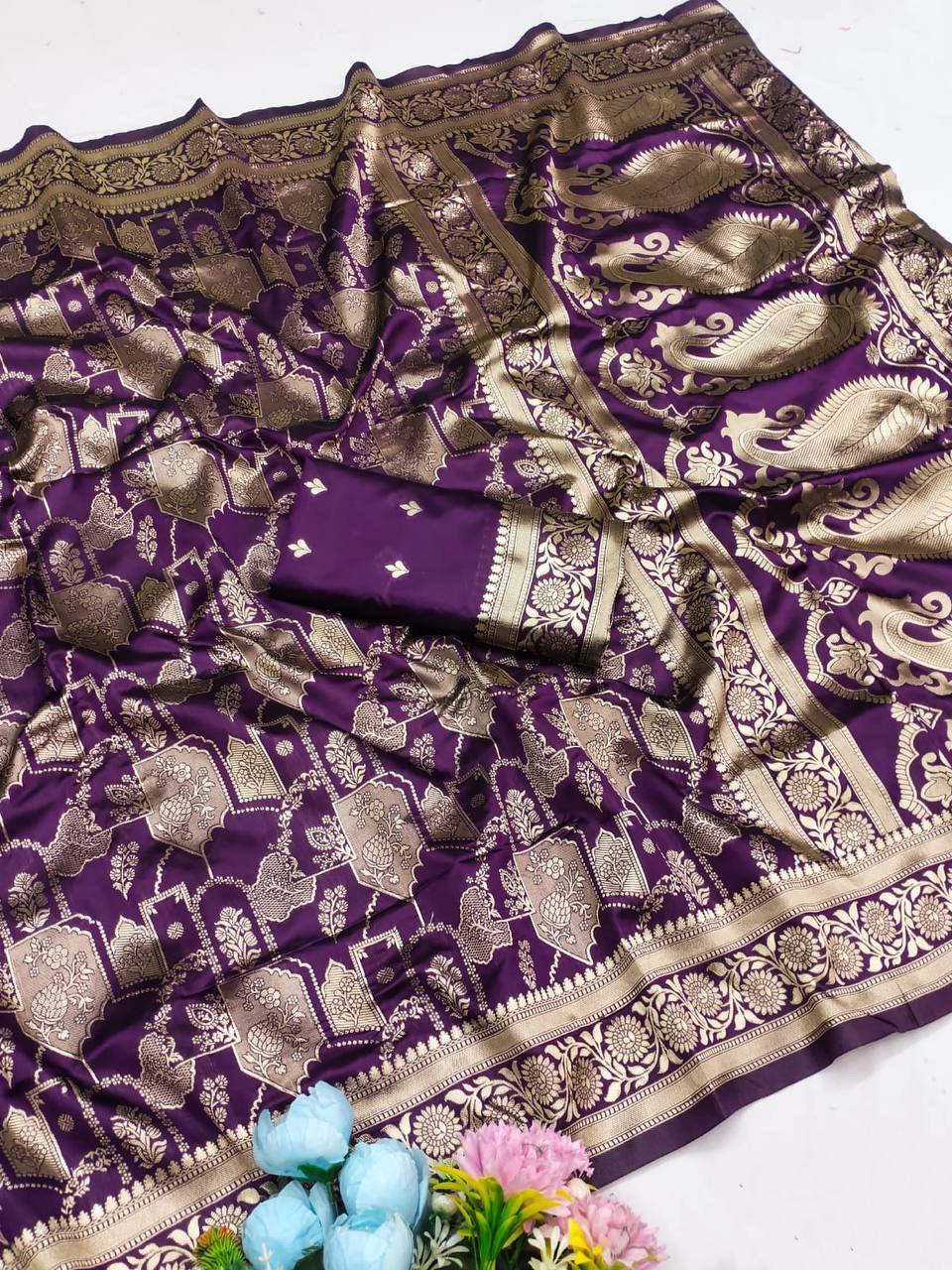 Royal Purple Premium Luxury Silk Saree with Heavy Gold Zari Paisley & Floral Border