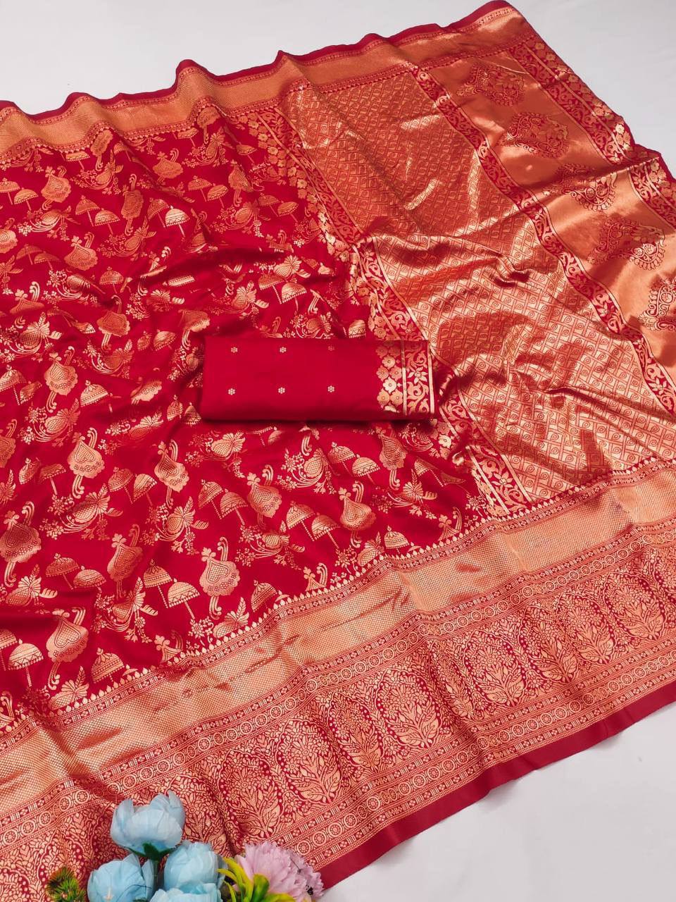 Crimson Red Premium Luxury Silk Saree with Heavy Gold Zari Peacock & Floral Weaving