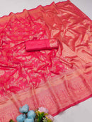 Rose Pink Premium Luxury Silk Saree with Heavy Gold Zari Peacock & Floral Weaving