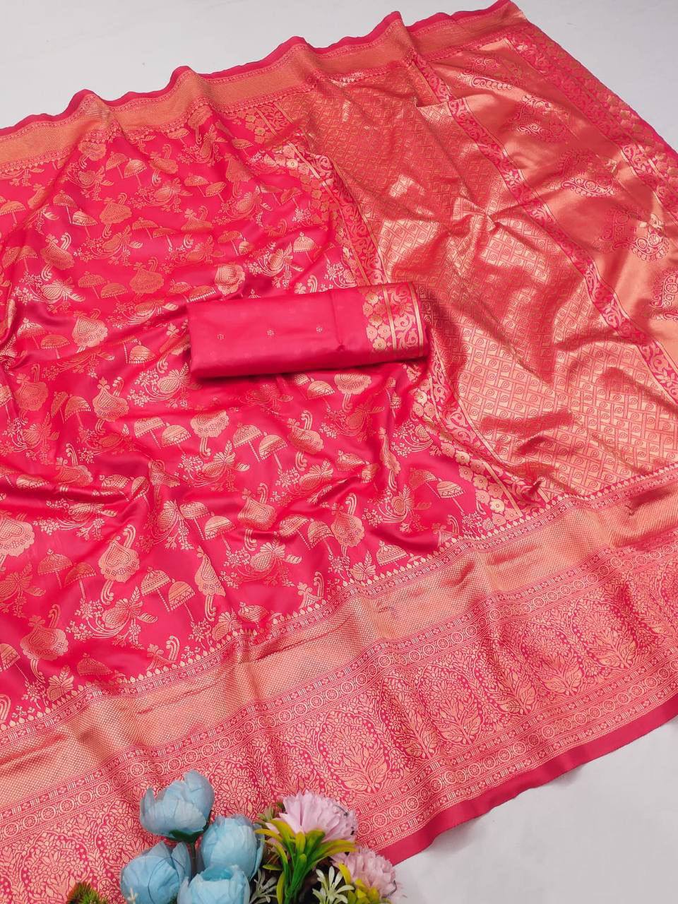 Rose Pink Premium Luxury Silk Saree with Heavy Gold Zari Peacock & Floral Weaving