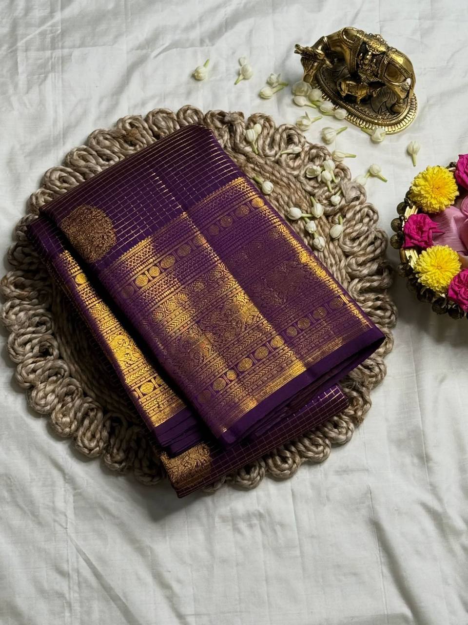 Regal Amethyst Purple Premium Luxury Banarasi Silk Saree with Grand Antique Gold Zari Border