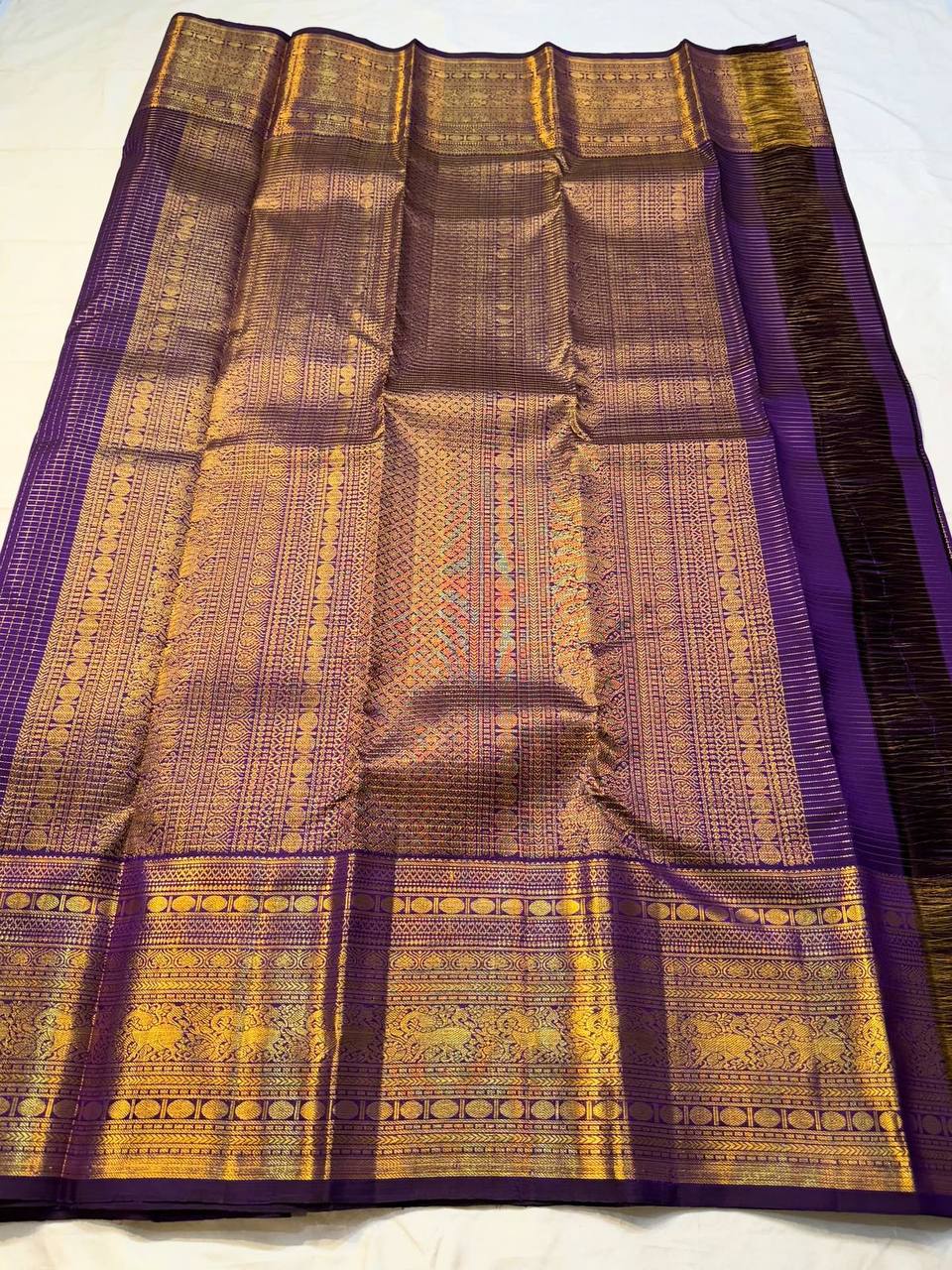 Regal Amethyst Purple Premium Luxury Banarasi Silk Saree with Grand Antique Gold Zari Border