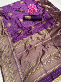 Regal Amethyst Purple Premium Luxury Banarasi Silk Saree with Grand Antique Gold Zari Border