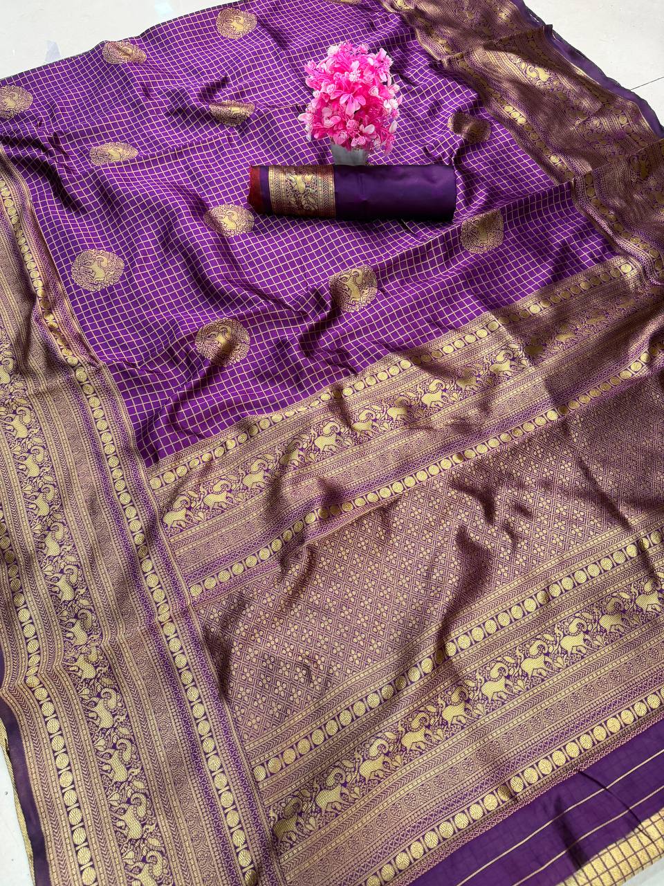 Regal Amethyst Purple Premium Luxury Banarasi Silk Saree with Grand Antique Gold Zari Border