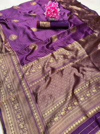 Regal Amethyst Purple Premium Luxury Banarasi Silk Saree with Grand Antique Gold Zari Border