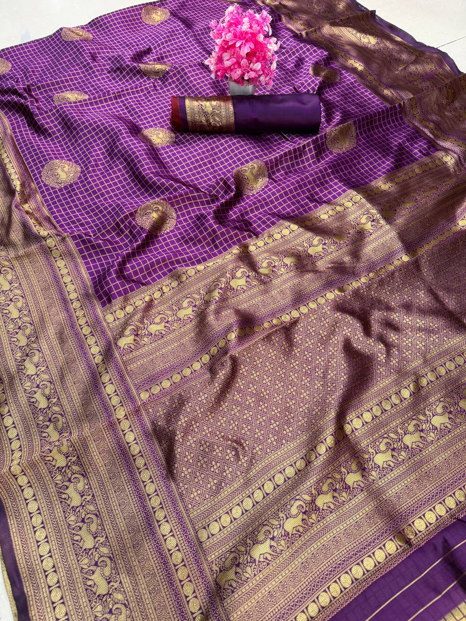 Regal Amethyst Purple Premium Luxury Banarasi Silk Saree with Grand Antique Gold Zari Border