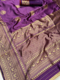Regal Amethyst Purple Premium Luxury Banarasi Silk Saree with Grand Antique Gold Zari Border