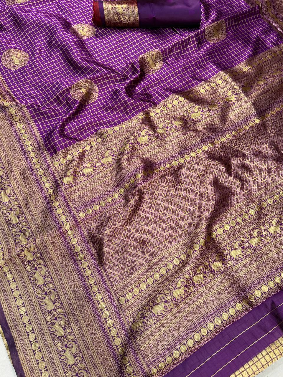 Regal Amethyst Purple Premium Luxury Banarasi Silk Saree with Grand Antique Gold Zari Border
