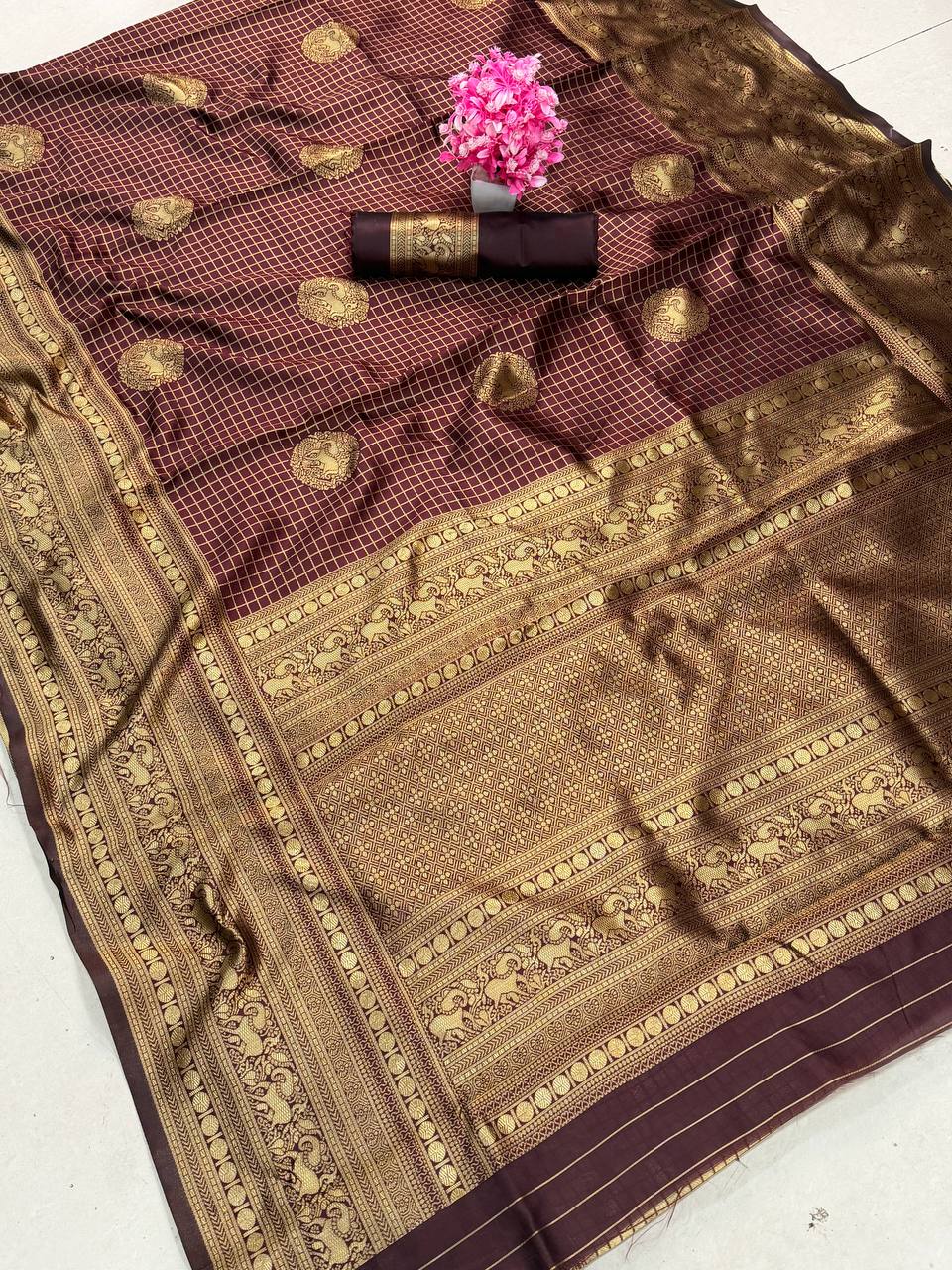 Maroon Premium Luxury Banarasi Silk Saree with Grand Antique Gold Zari Pallu