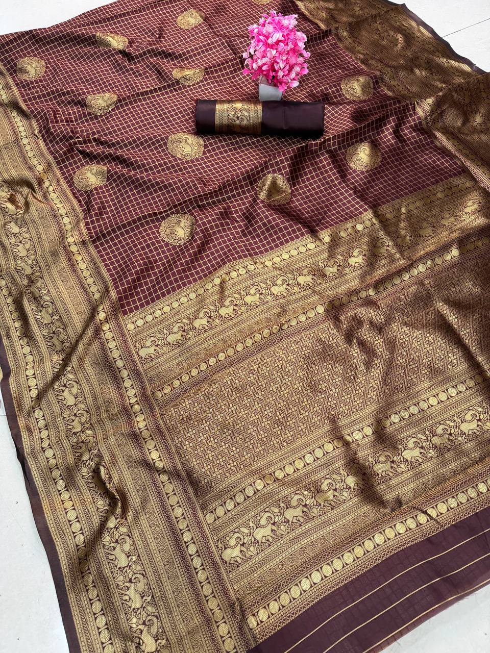 Maroon Premium Luxury Banarasi Silk Saree with Grand Antique Gold Zari Pallu
