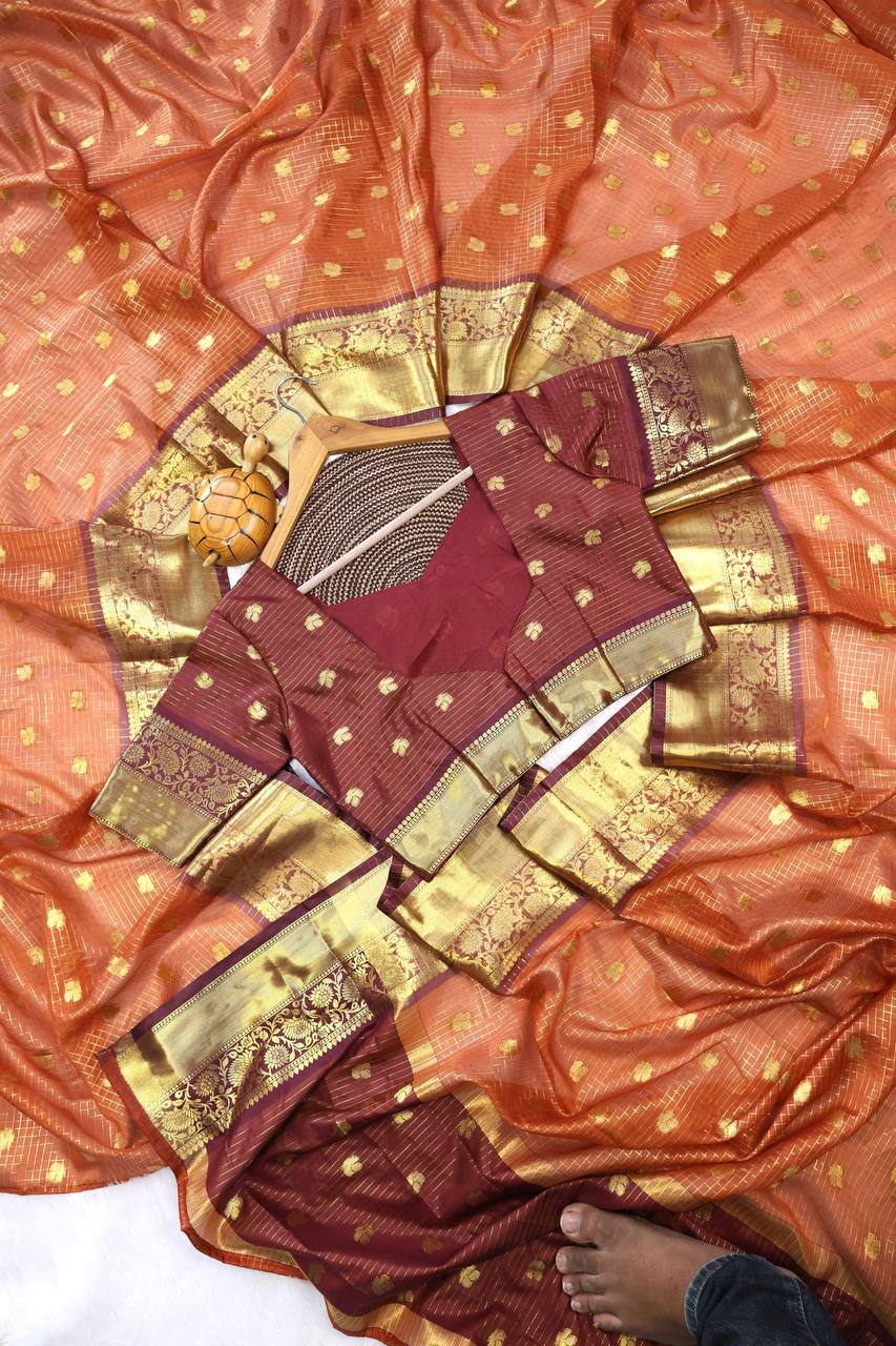 Royal Rust Orange Premium Luxury Silk Saree with Wine Zari Stripes & Antique Gold Border