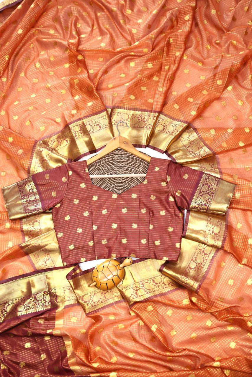 Royal Rust Orange Premium Luxury Silk Saree with Wine Zari Stripes & Antique Gold Border
