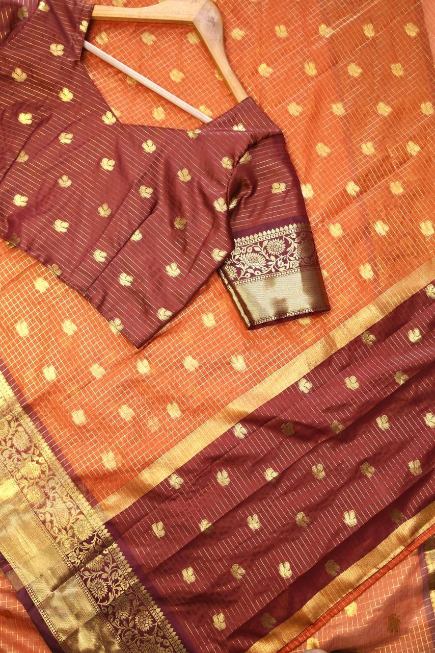 Royal Rust Orange Premium Luxury Silk Saree with Wine Zari Stripes & Antique Gold Border