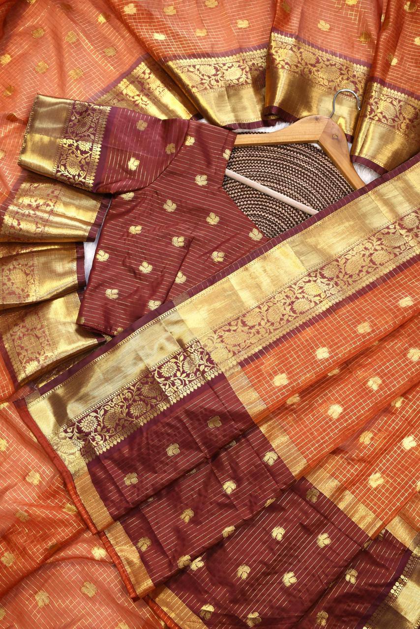 Royal Rust Orange Premium Luxury Silk Saree with Wine Zari Stripes & Antique Gold Border