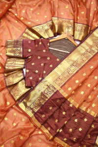 Royal Rust Orange Premium Luxury Silk Saree with Wine Zari Stripes & Antique Gold Border