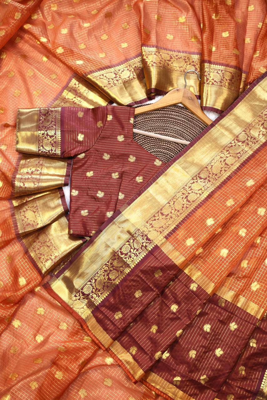 Royal Rust Orange Premium Luxury Silk Saree with Wine Zari Stripes & Antique Gold Border