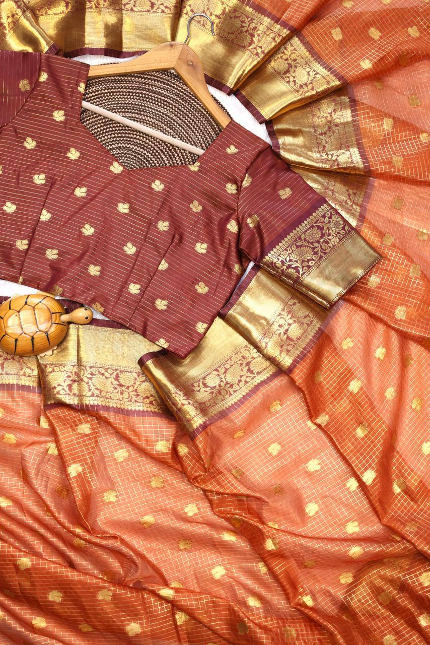 Royal Rust Orange Premium Luxury Silk Saree with Wine Zari Stripes & Antique Gold Border