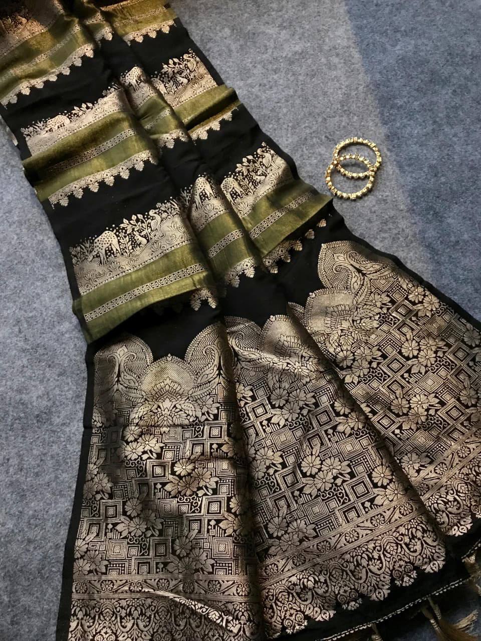 Midnight Black Premium Luxury Silk Saree with Olive Zari Stripes & Antique Gold Woven Pallu