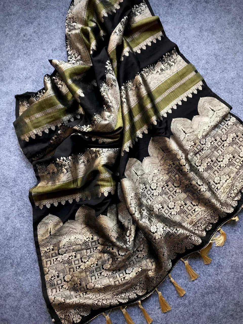 Midnight Black Premium Luxury Silk Saree with Olive Zari Stripes & Antique Gold Woven Pallu
