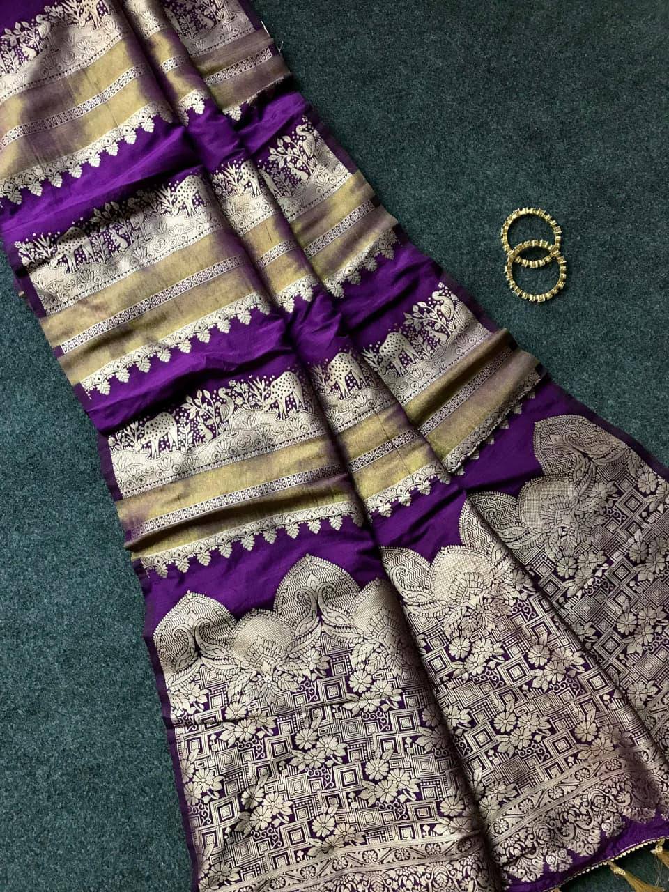 Royal Purple Premium Luxury Silk Saree with Antique Gold Zari Stripes & Heritage Woven Pallu