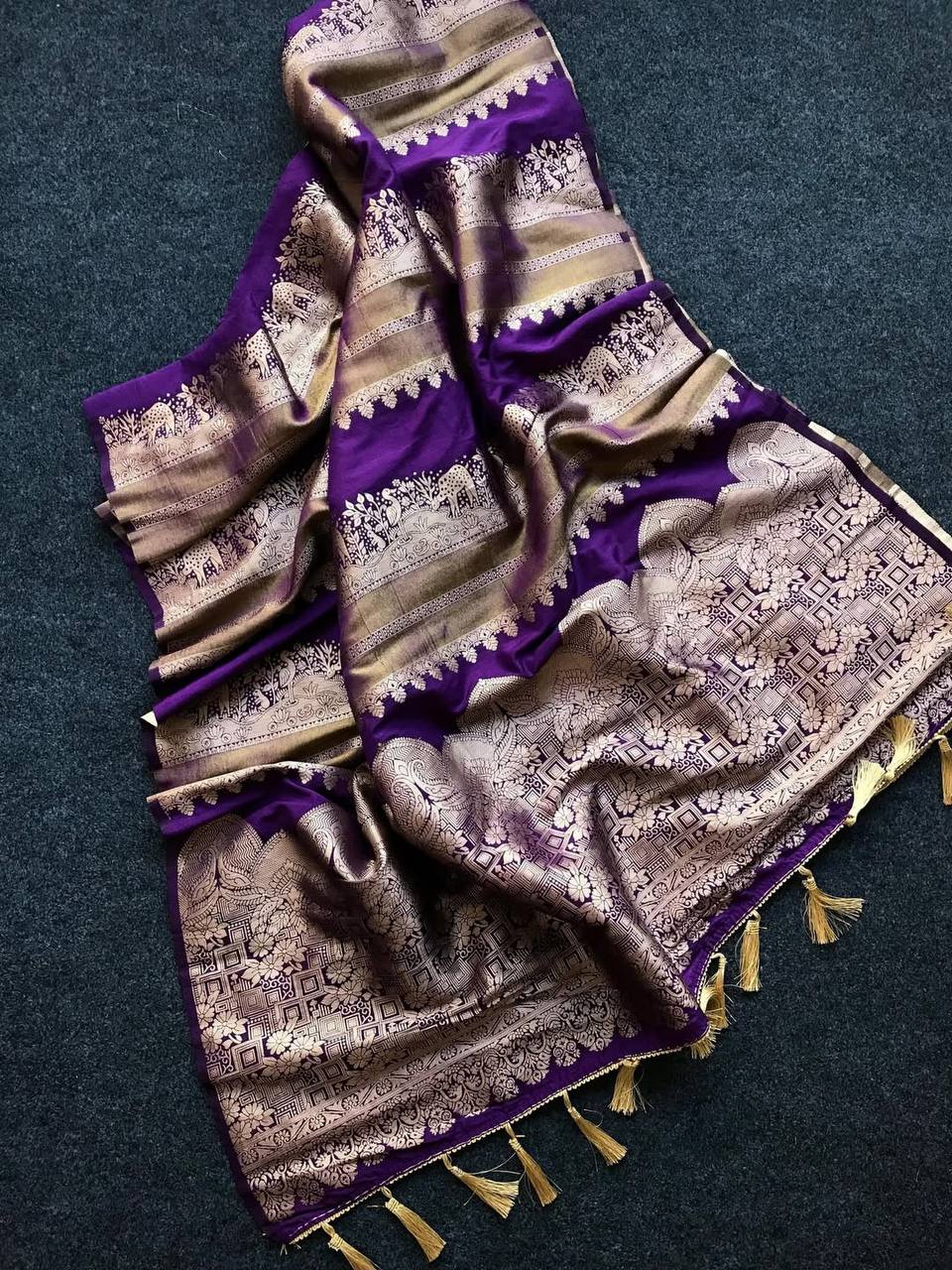 Royal Purple Premium Luxury Silk Saree with Antique Gold Zari Stripes & Heritage Woven Pallu