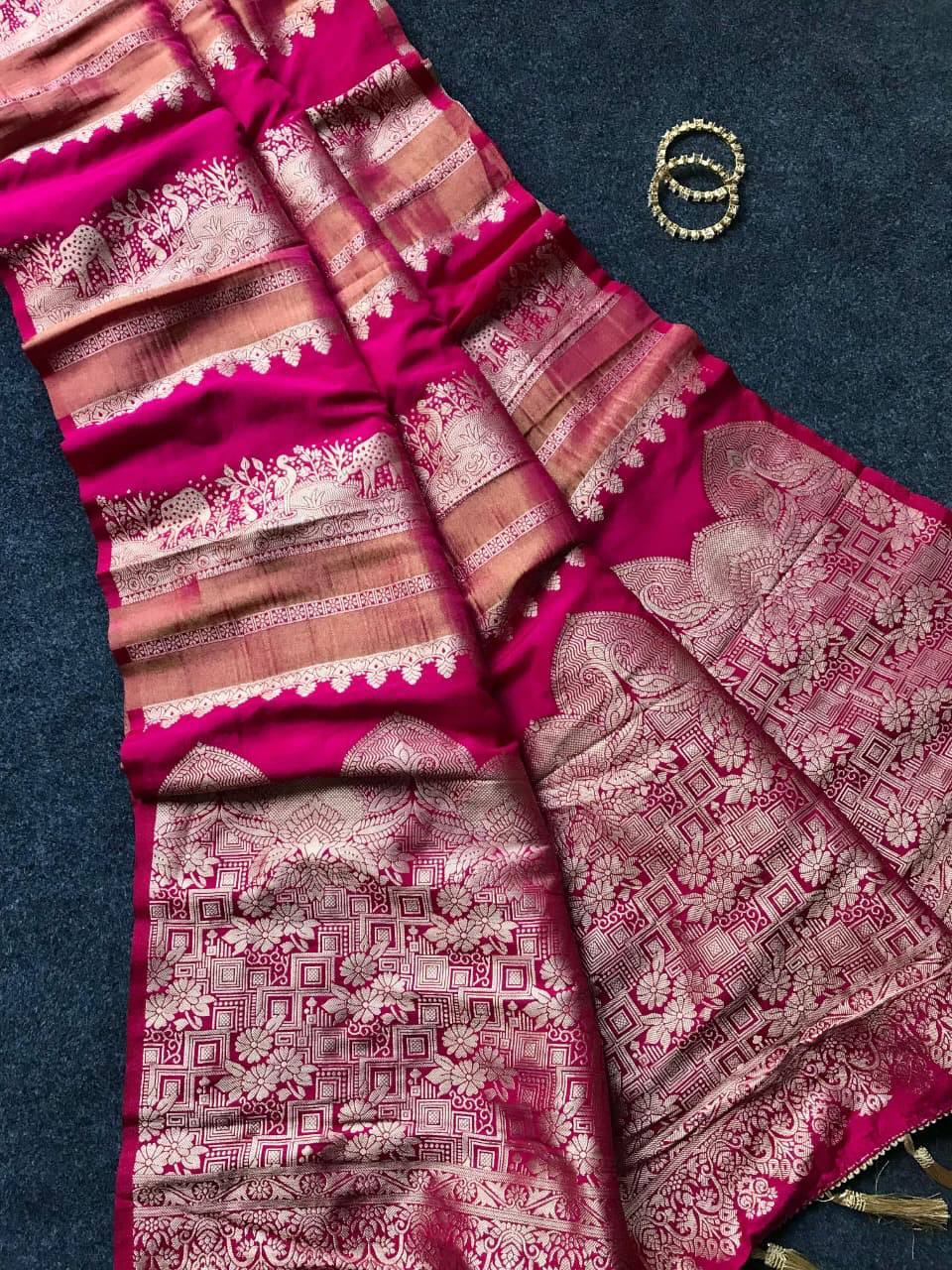 Royal Rani Pink Premium Luxury Silk Saree with Antique Gold Zari Motifs & Heritage Tassel Pallu