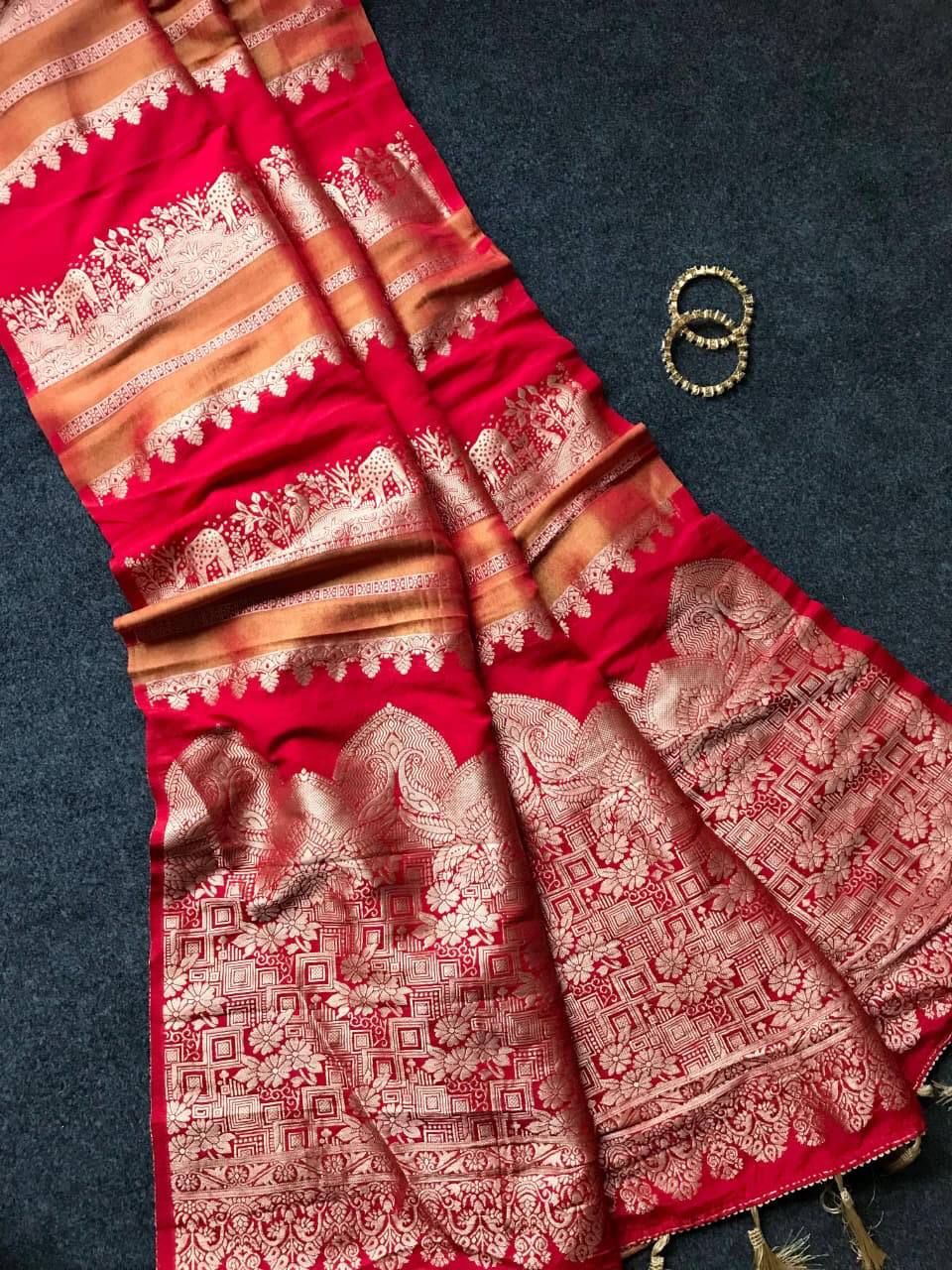 Imperial Ruby Red Premium Luxury Silk Saree with Antique Gold Zari Borders & Heritage Tassel Pallu