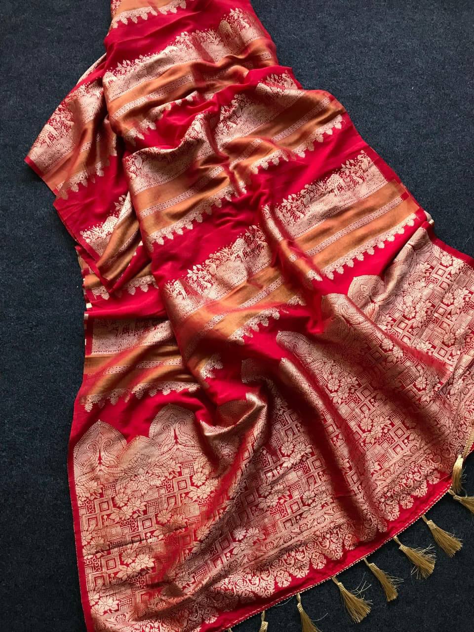 Imperial Ruby Red Premium Luxury Silk Saree with Antique Gold Zari Borders & Heritage Tassel Pallu