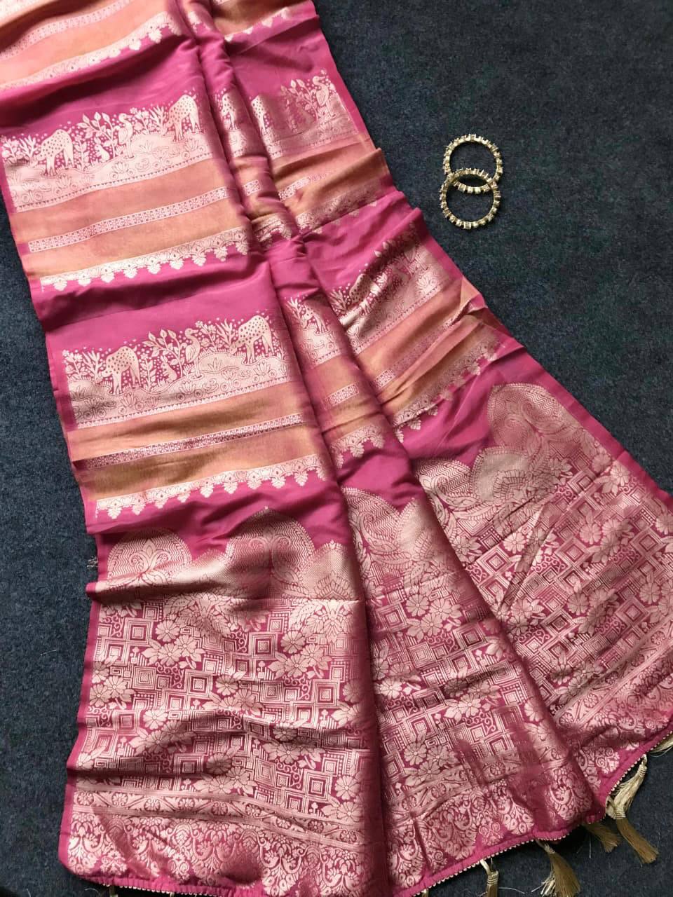 Royal Rosewood Pink Premium Luxury Silk Saree with Antique Gold Zari Heritage Borders & Tassel Pallu