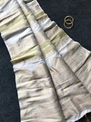 Pearl Ivory Premium Luxury Silk Saree with Soft Antique Gold Zari Panels & Royal Tassel Finish
