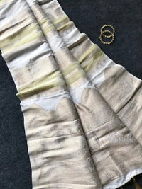 Pearl Ivory Premium Luxury Silk Saree with Soft Antique Gold Zari Panels & Royal Tassel Finish