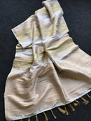 Pearl Ivory Premium Luxury Silk Saree with Soft Antique Gold Zari Panels & Royal Tassel Finish