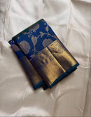 Royal Teal Blue Premium Luxury Silk Saree with Antique Gold Zari Floral Weave & Regal Border