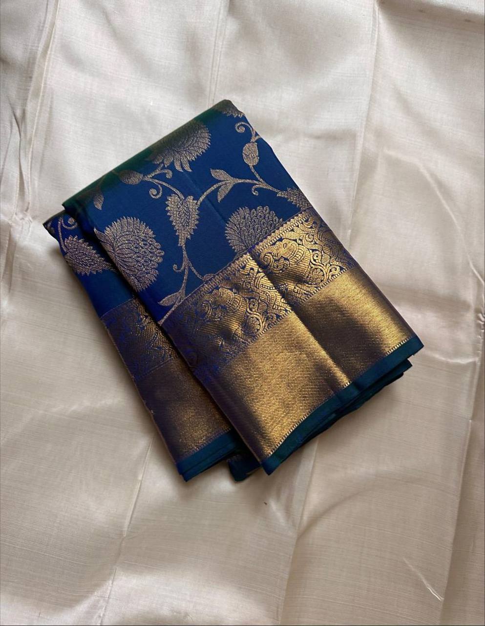 Royal Teal Blue Premium Luxury Silk Saree with Antique Gold Zari Floral Weave & Regal Border