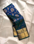Royal Teal Blue Premium Luxury Silk Saree with Antique Gold Zari Floral Weave & Regal Border