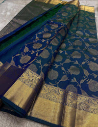 Royal Teal Blue Premium Luxury Silk Saree with Antique Gold Zari Floral Weave & Regal Border