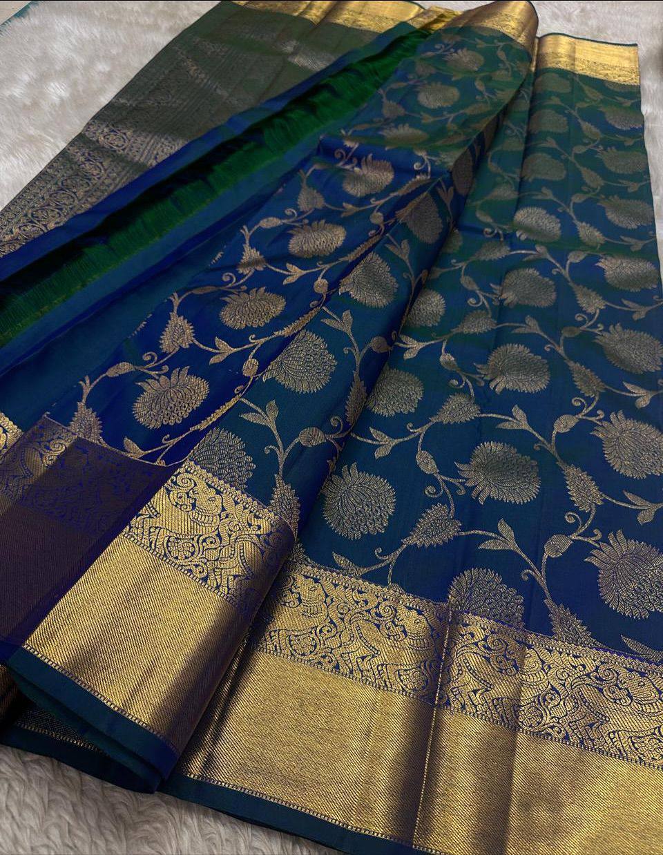 Royal Teal Blue Premium Luxury Silk Saree with Antique Gold Zari Floral Weave & Regal Border