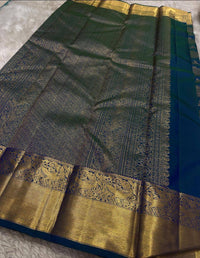 Royal Teal Blue Premium Luxury Silk Saree with Antique Gold Zari Floral Weave & Regal Border