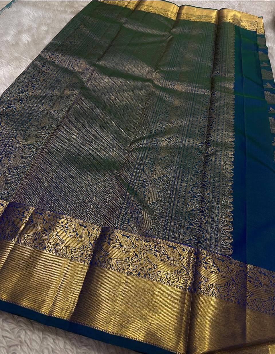 Royal Teal Blue Premium Luxury Silk Saree with Antique Gold Zari Floral Weave & Regal Border