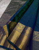 Royal Teal Blue Premium Luxury Silk Saree with Antique Gold Zari Floral Weave & Regal Border