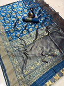Royal Teal Blue Premium Luxury Silk Saree with Antique Gold Zari Floral Weave & Regal Border