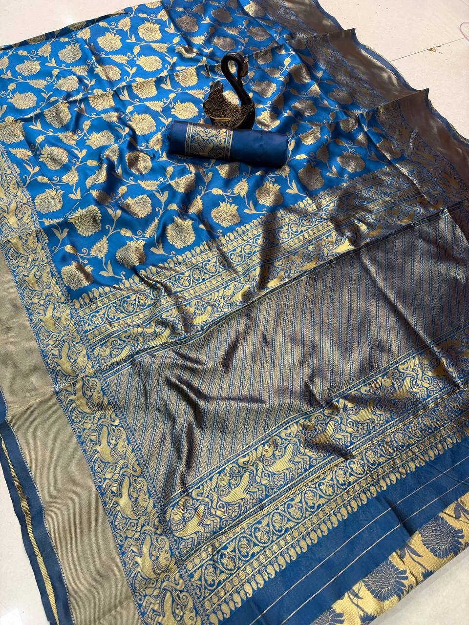 Royal Teal Blue Premium Luxury Silk Saree with Antique Gold Zari Floral Weave & Regal Border