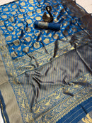 Royal Teal Blue Premium Luxury Silk Saree with Antique Gold Zari Floral Weave & Regal Border