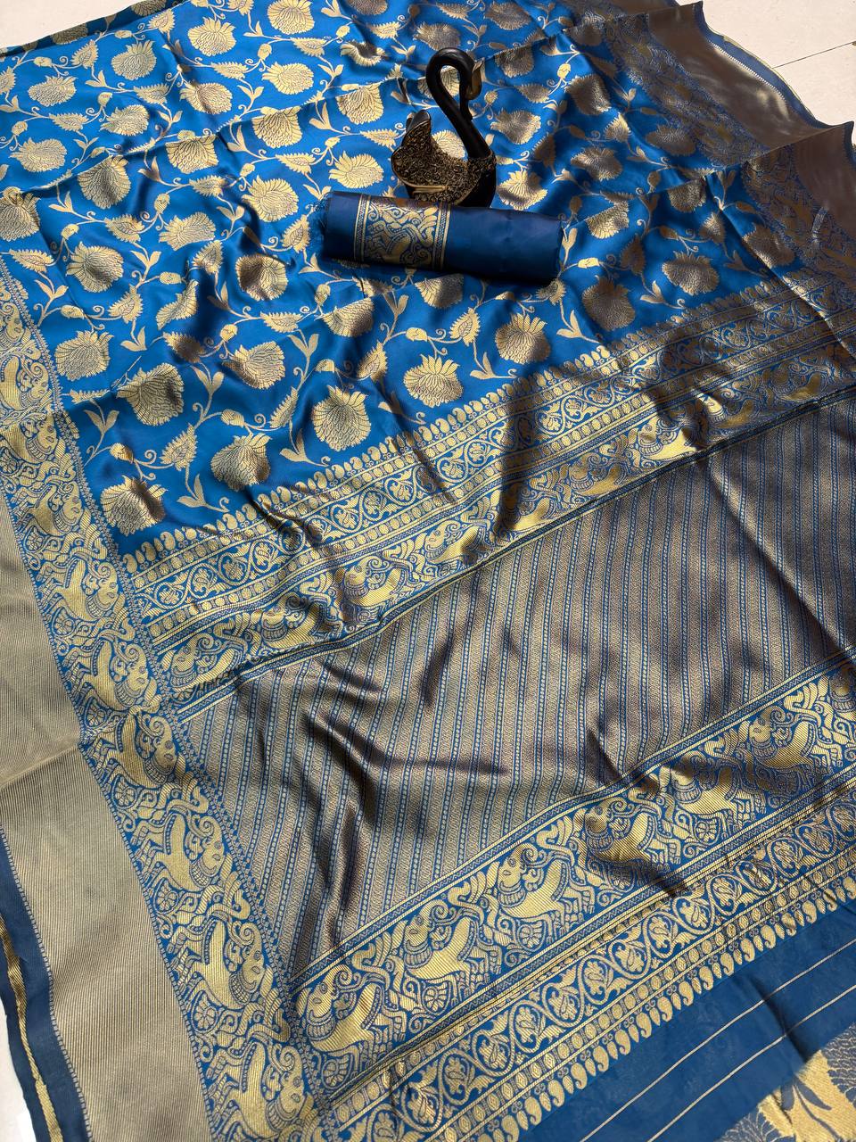 Royal Teal Blue Premium Luxury Silk Saree with Antique Gold Zari Floral Weave & Regal Border