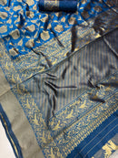 Royal Teal Blue Premium Luxury Silk Saree with Antique Gold Zari Floral Weave & Regal Border