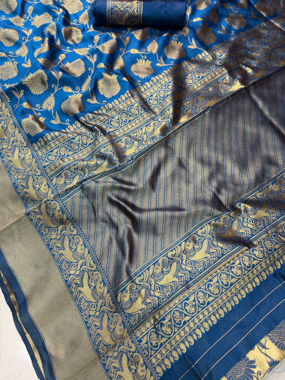 Royal Teal Blue Premium Luxury Silk Saree with Antique Gold Zari Floral Weave & Regal Border
