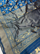 Royal Teal Blue Premium Luxury Silk Saree with Antique Gold Zari Floral Weave & Regal Border