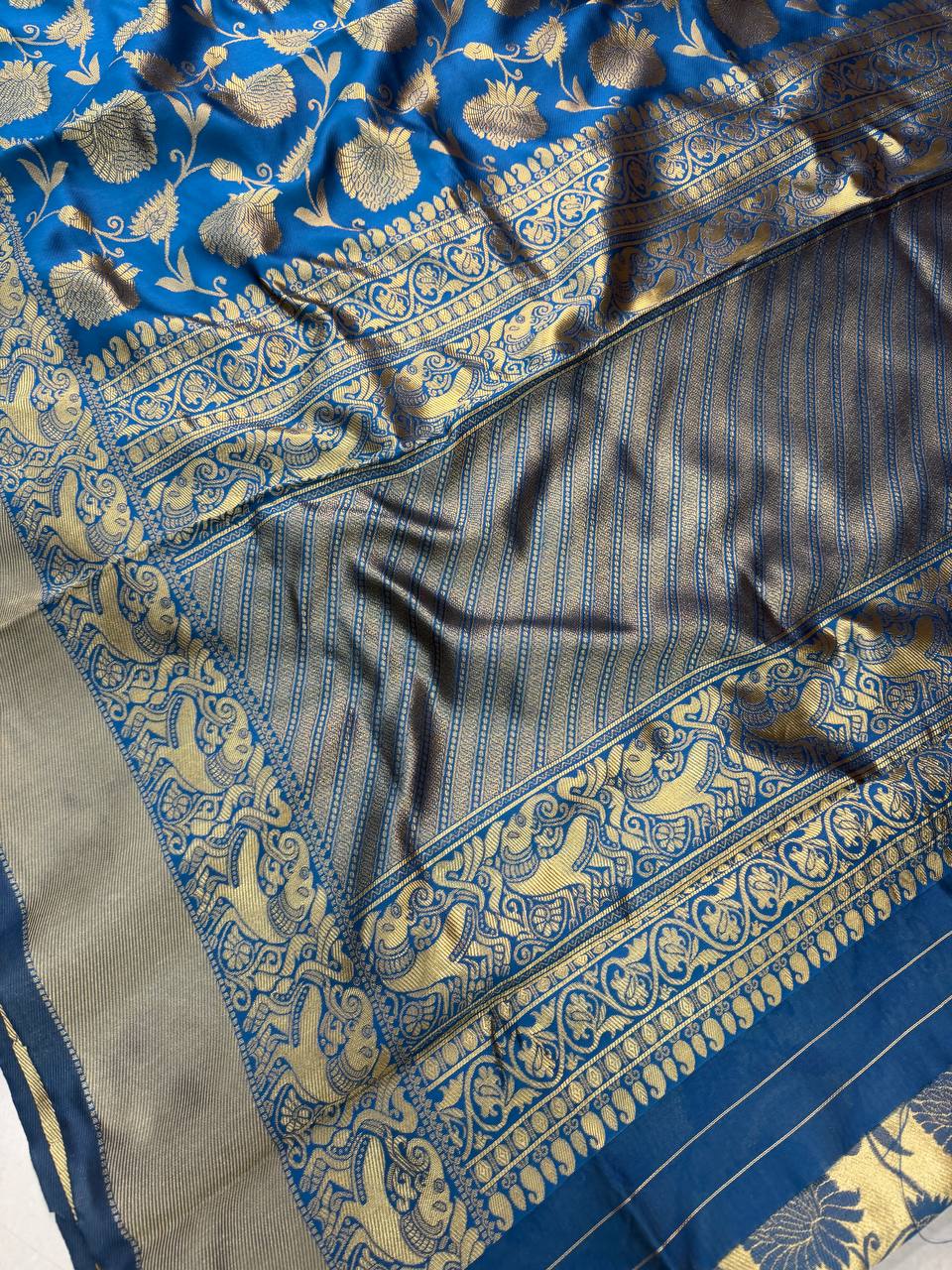 Royal Teal Blue Premium Luxury Silk Saree with Antique Gold Zari Floral Weave & Regal Border