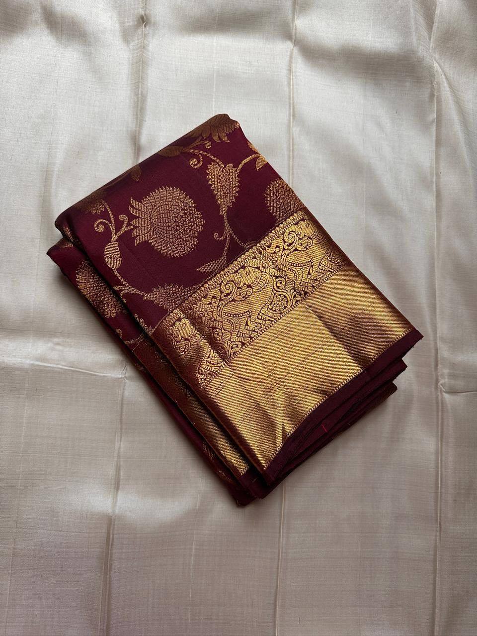 Crimson Royale Premium Luxury Silk Saree with All-Over Antique Gold Floral Zari Weave & Grand Heritage Border